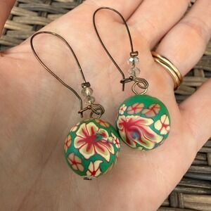 Handmade Polymer Clay Floral Bead Earrings Boho Dangle Tropical Round